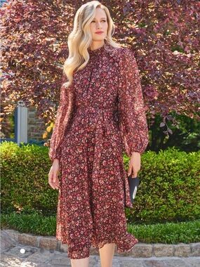 Adriana Papell Long Sleeve Ditsy Floral Chiffon Midi Dress In Black Multi NWT 16